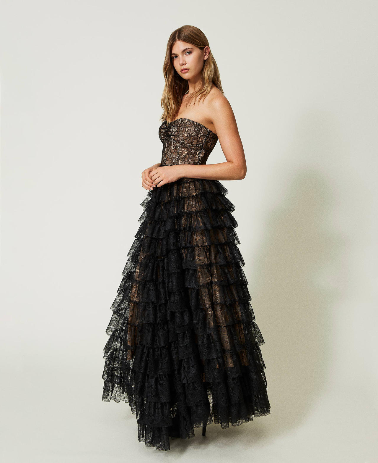 Длинное платье-бюстье из кружева шантильи Черный женщина 232TT2070-02