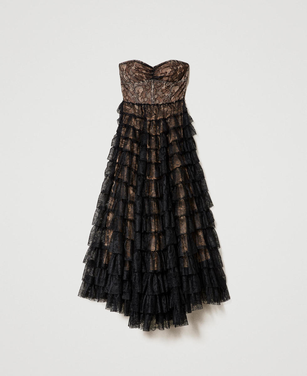 Long Chantilly lace bustier dress Woman, Black