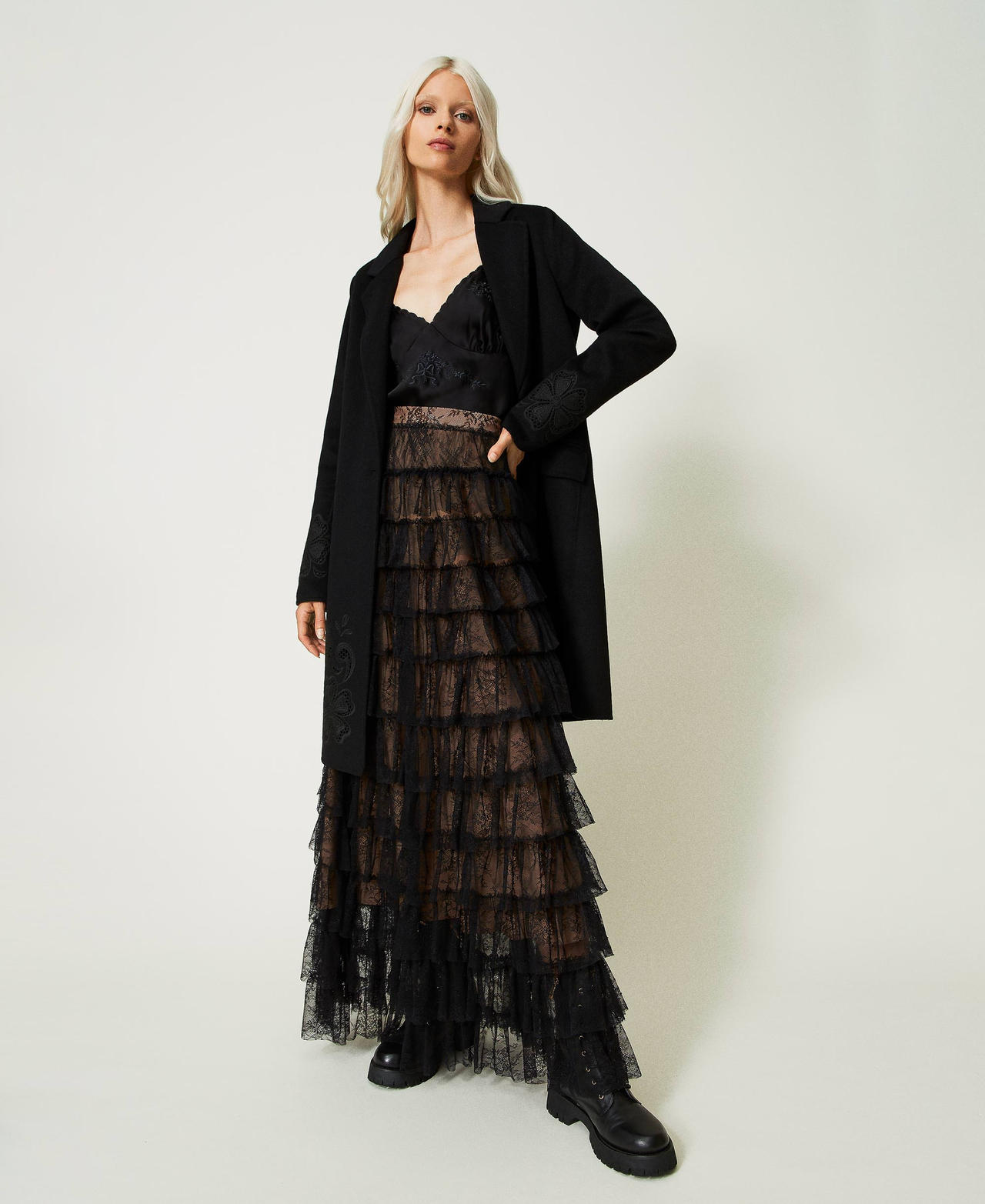 Long Chantilly lace skirt Black Woman 232TT2072-02