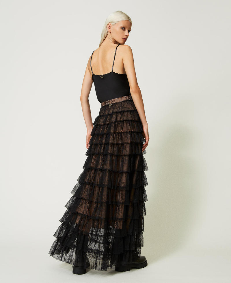 Gonna Lunga Maxi A Doppio Strato In Chiffon E Pizzo, Plissettata, Vita Elastica - Foto 4