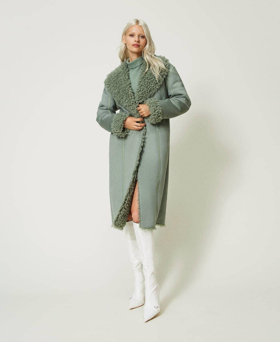 Cappotto effetto scamosciato con faux fur Donna, Verde | TWINSET