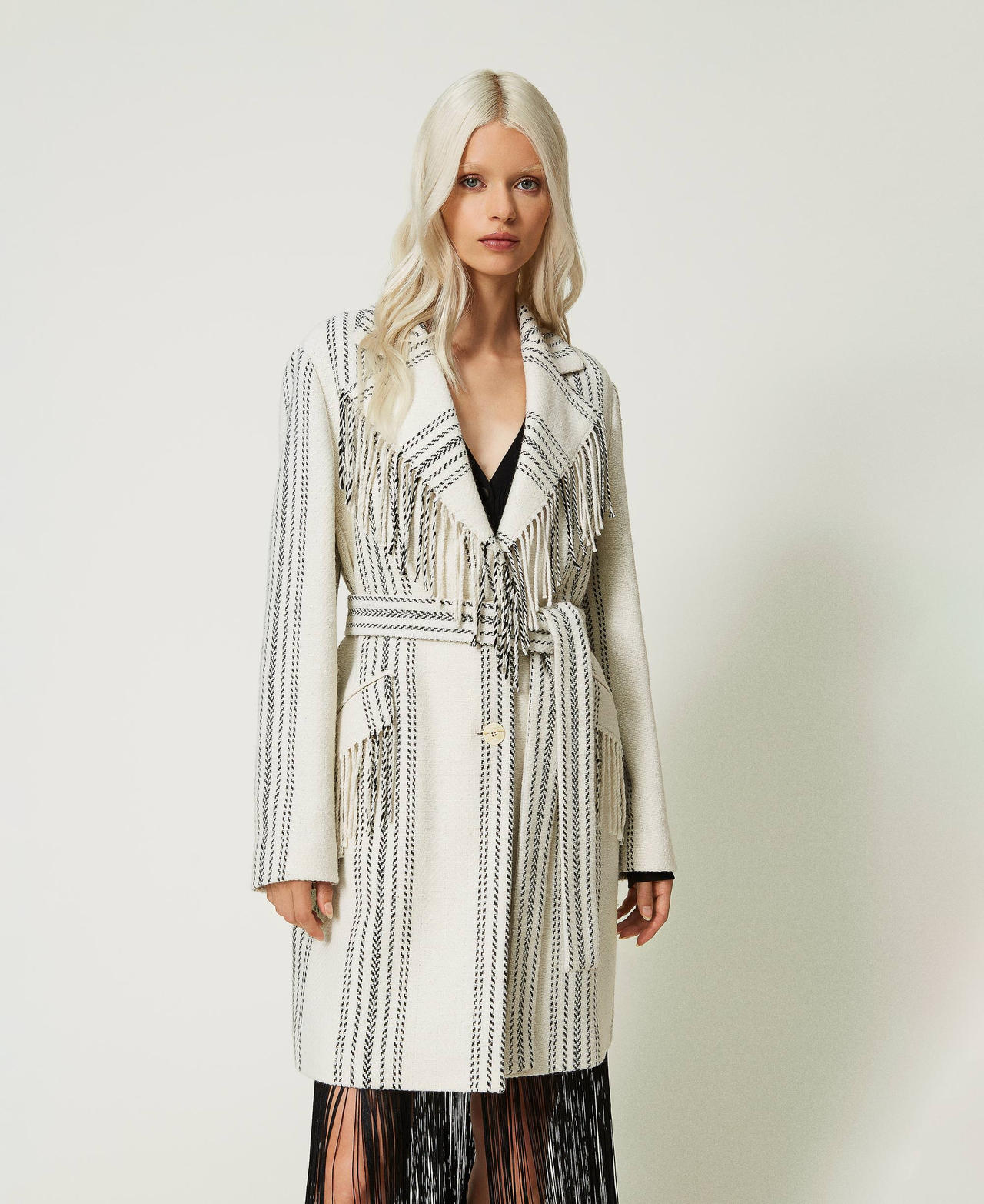 Jacquard wool blend coat Snow Stripe / Black Fringe Woman 232TT2160-02