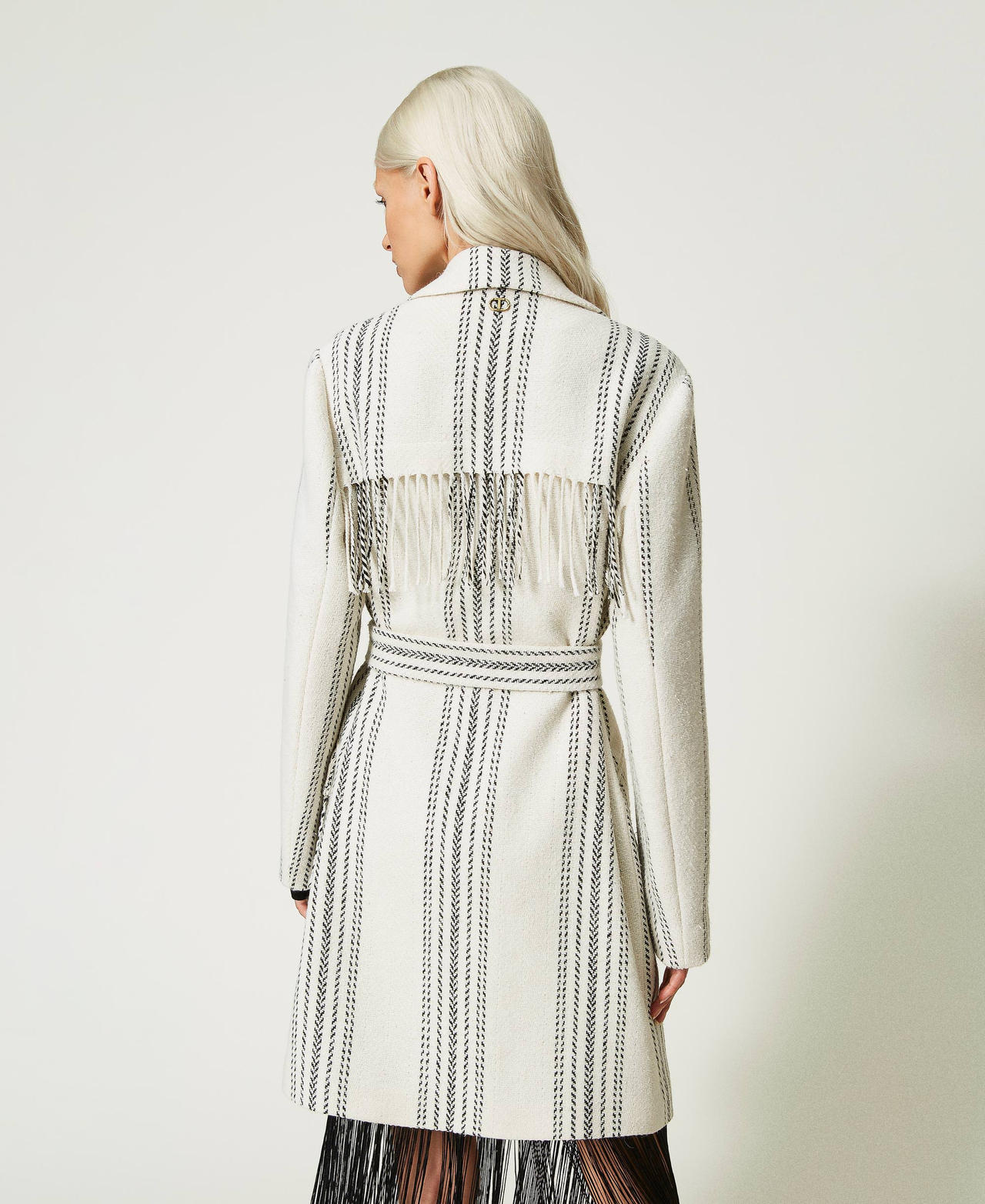 Jacquard wool blend coat Snow Stripe / Black Fringe Woman 232TT2160-03