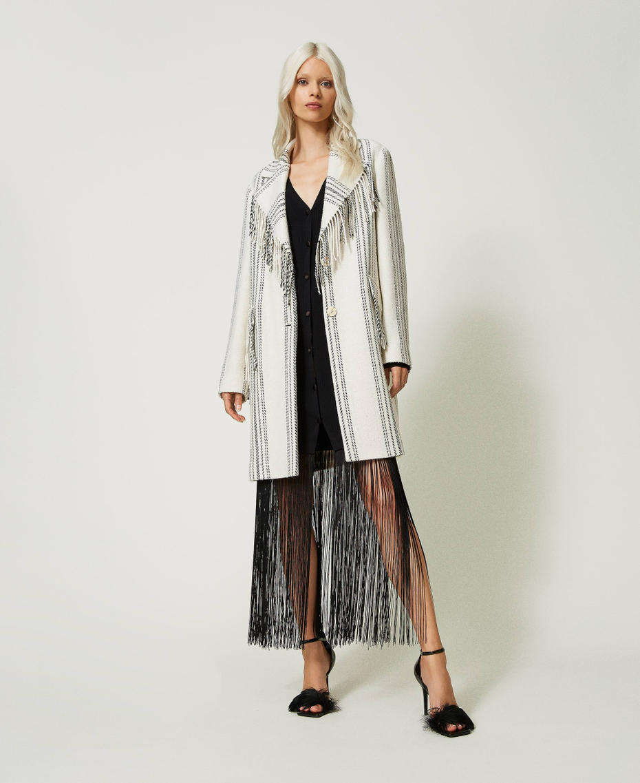 Jacquard wool blend coat Snow Stripe / Black Fringe Woman 232TT2160-0T