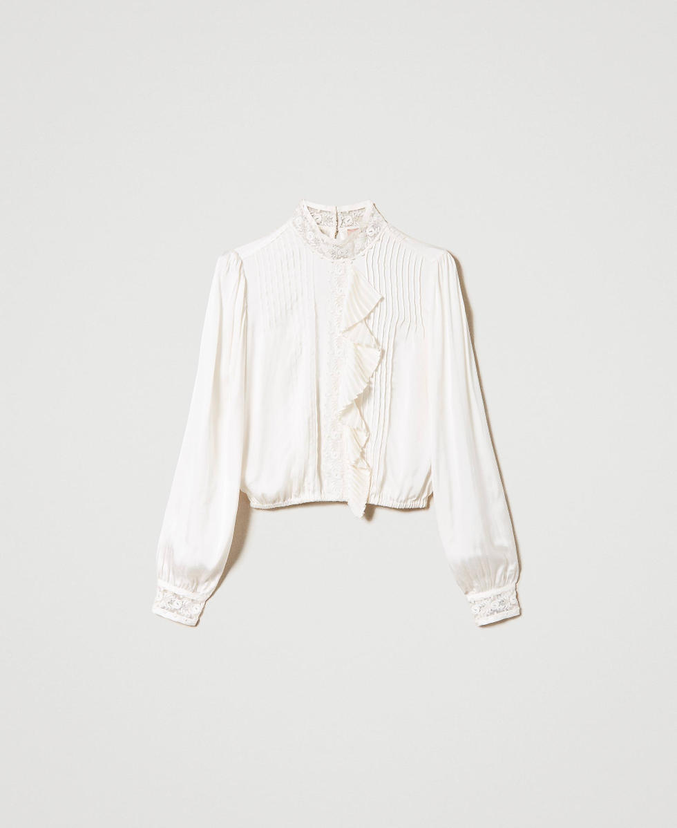 Jacquard blouse with lace and ruffles White Snow Woman 232TT2170_00282_S0