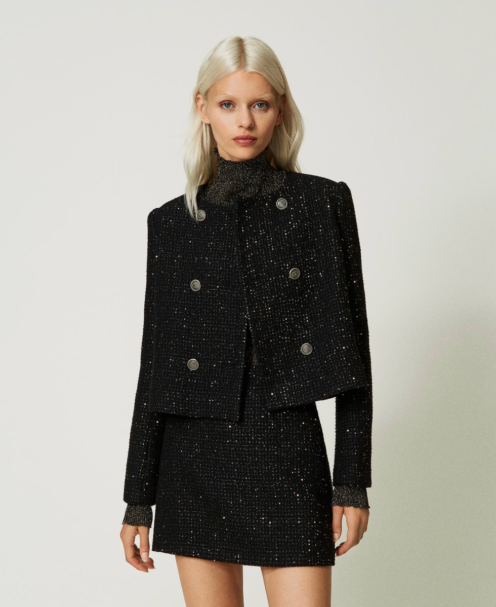 Boucle wool blend jacket with Mandarin collar Woman Black TWINSET Milano