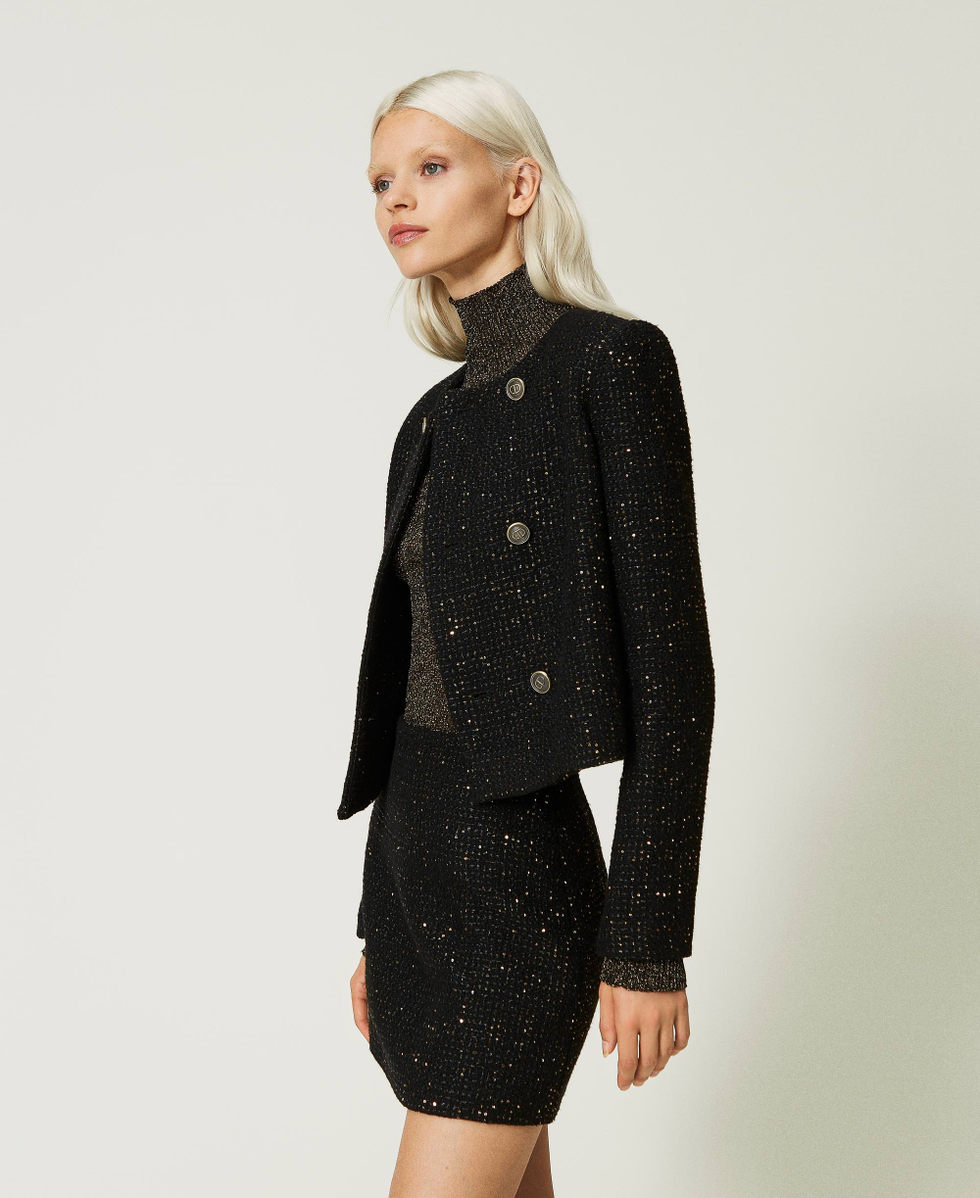 Boucl&eacute; wool blend jacket with Mandarin collar Black Woman 232TT2181_00006_02
