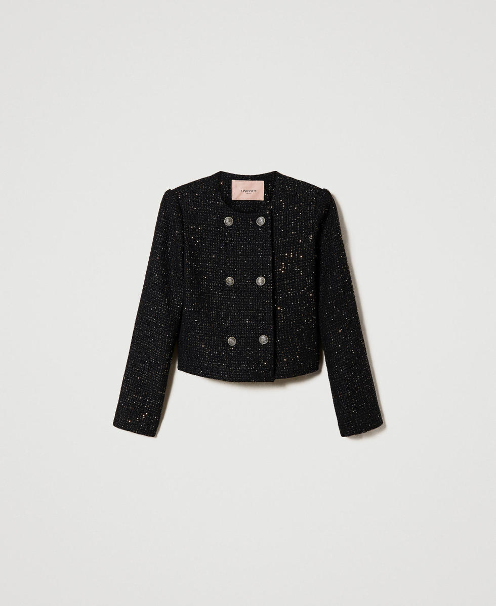 Boucl&eacute; wool blend jacket with Mandarin collar Black Woman 232TT2181_00006_S0