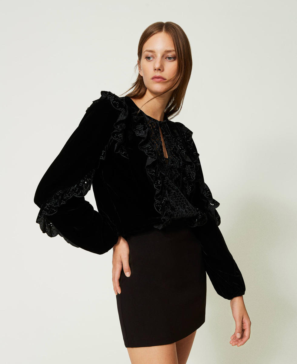 Black Lace Embellished Overlap Neck Velvet Blouse