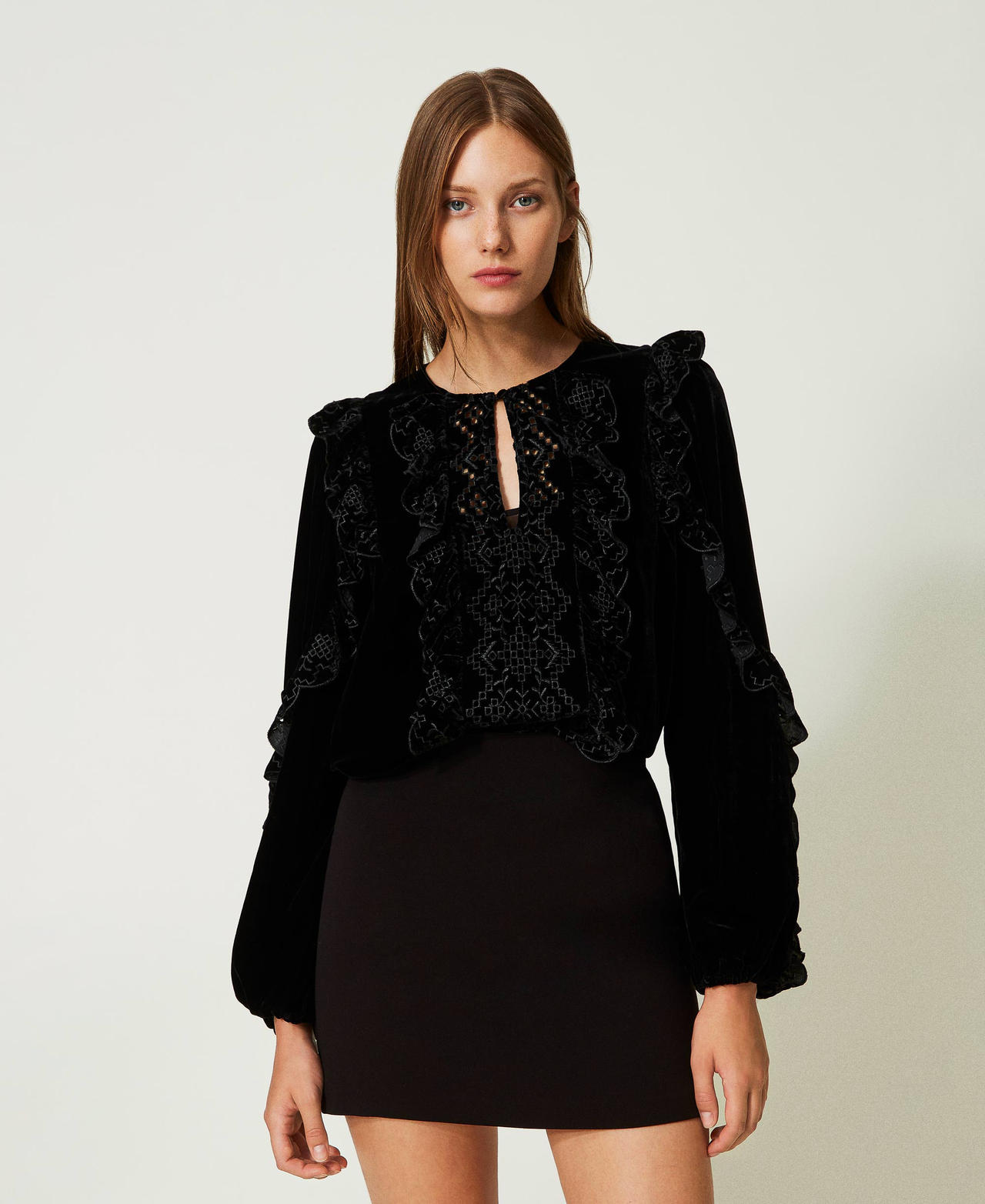 Crushed velvet blouse with embroidery Black Woman 232TT2211-02