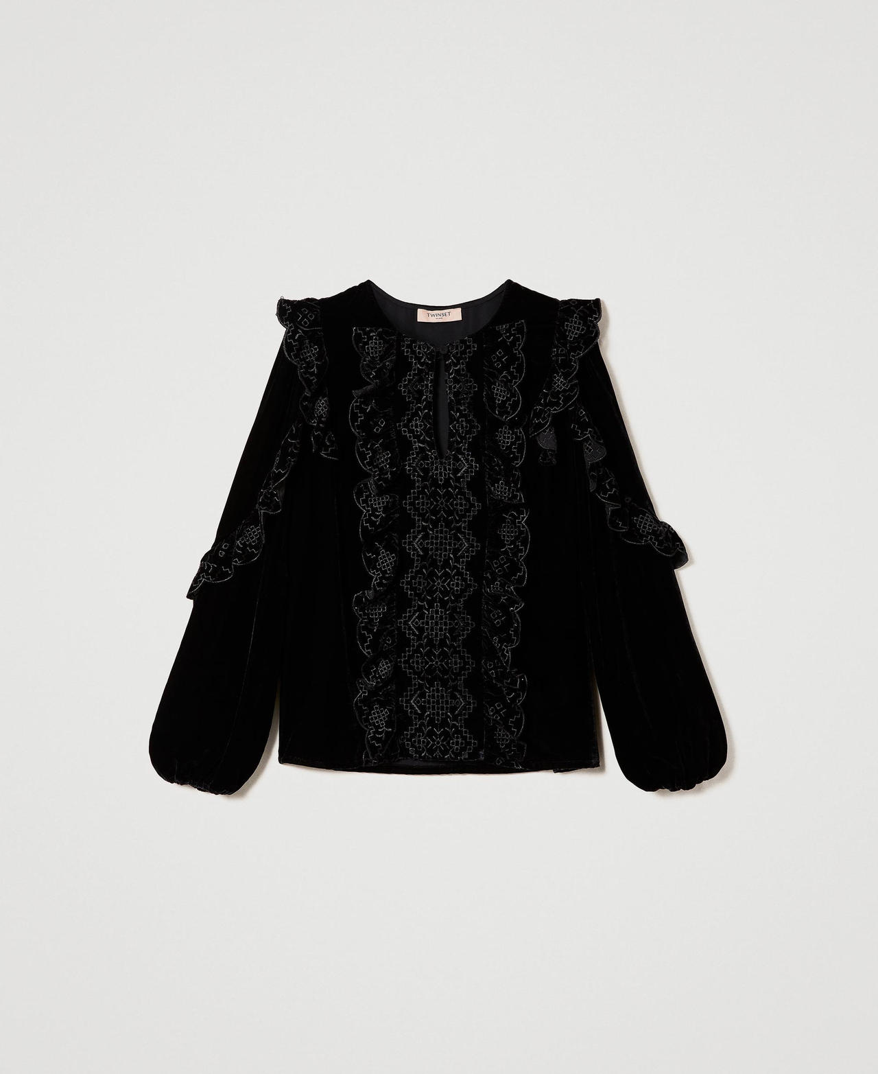 Crushed velvet blouse with embroidery Black Woman 232TT2211-0S