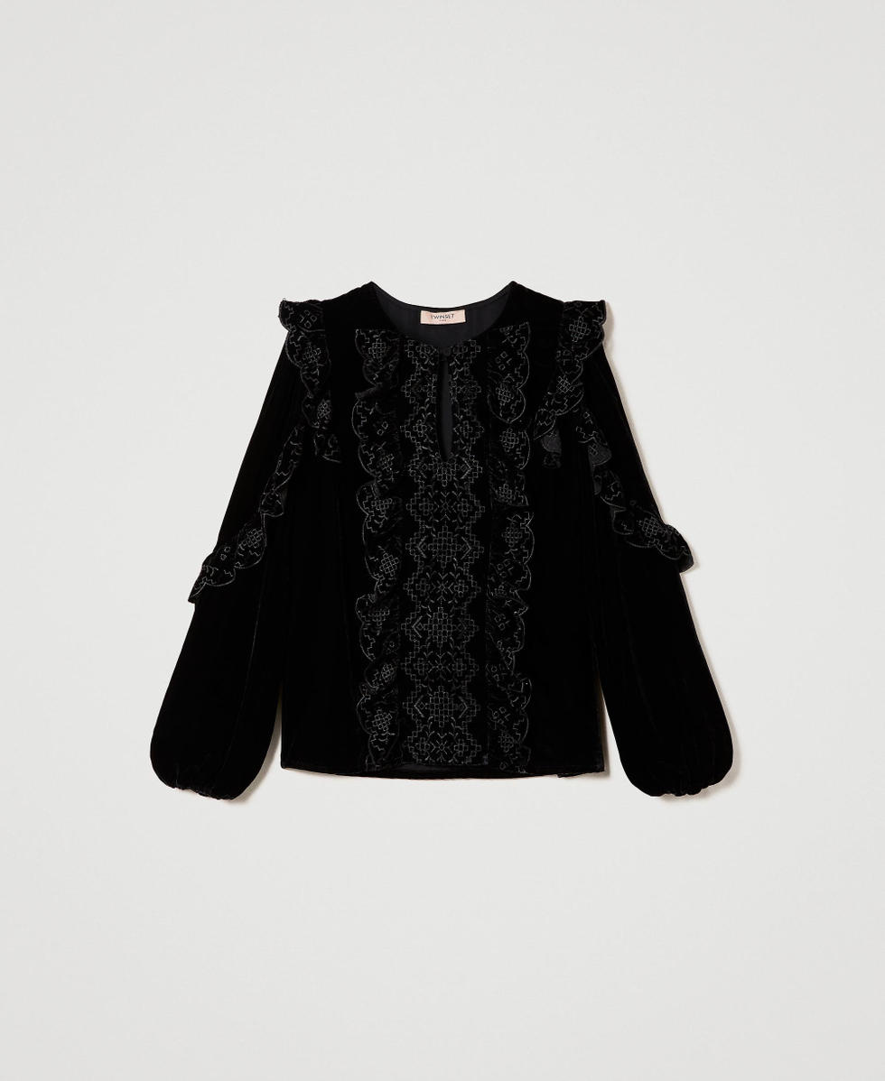 Crushed velvet blouse with embroidery
