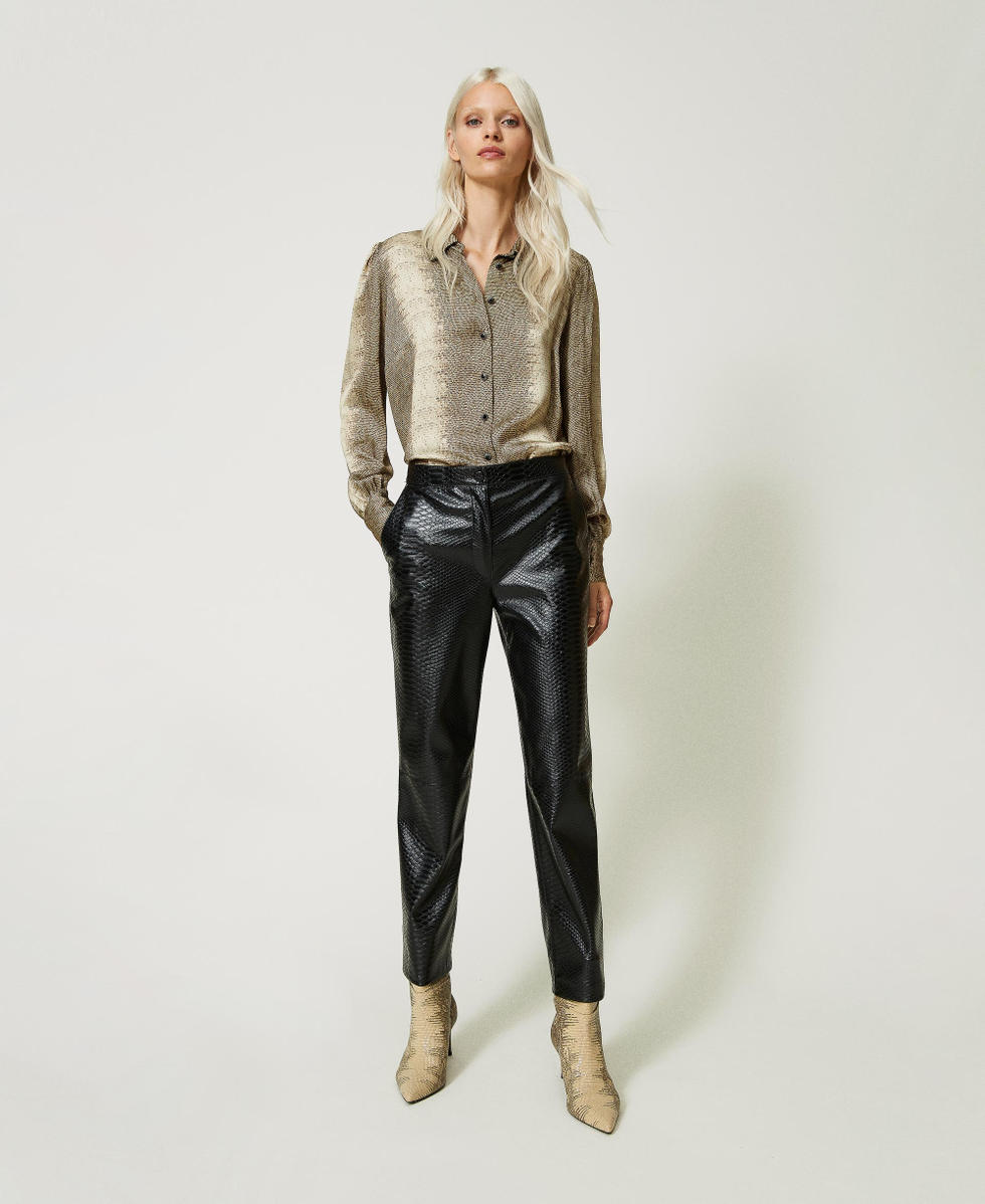 Cigarette trousers with textured animal print Woman Black