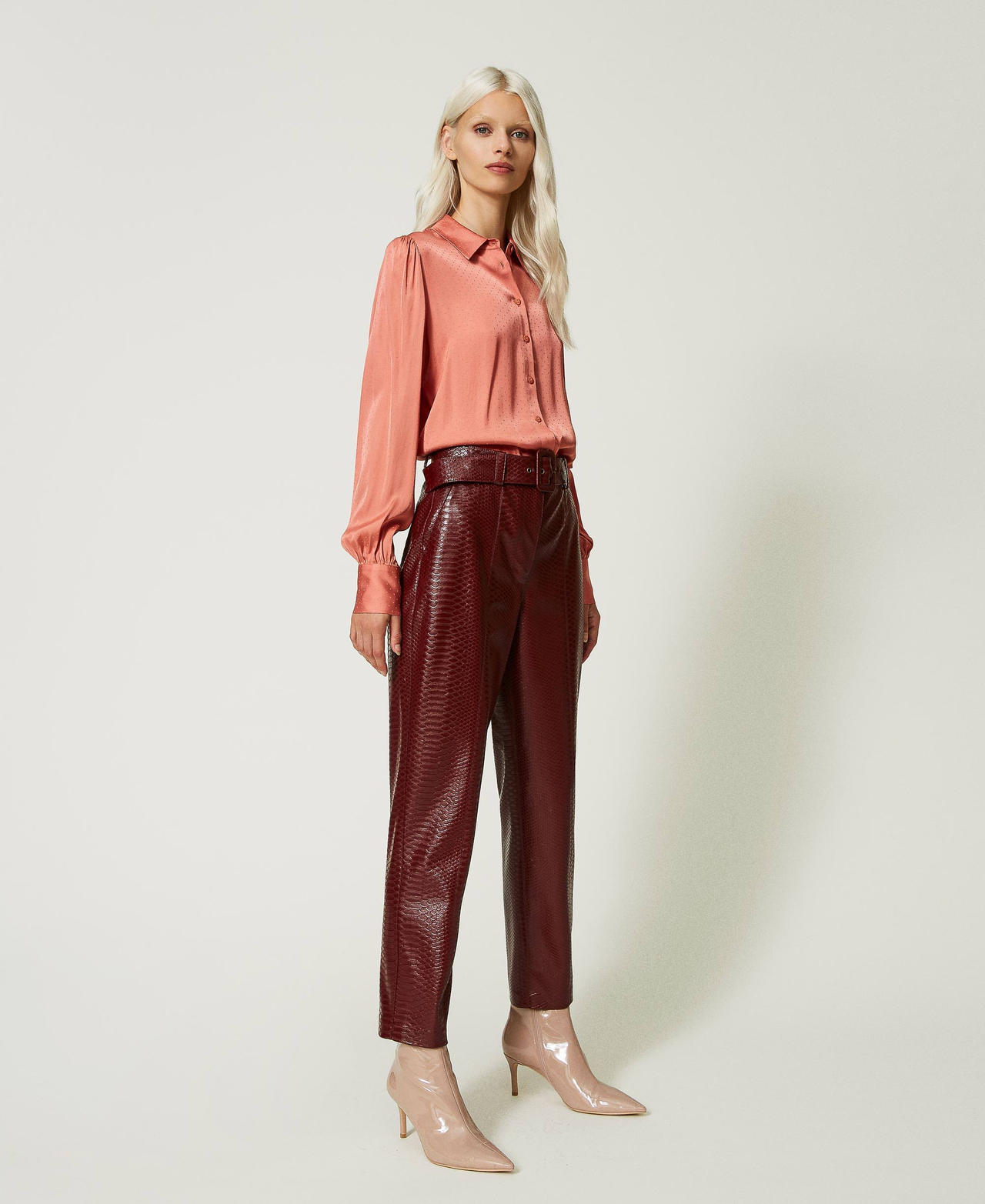 High waist trousers with textured animal print "Cabernet” Red Woman 232TT2232-02