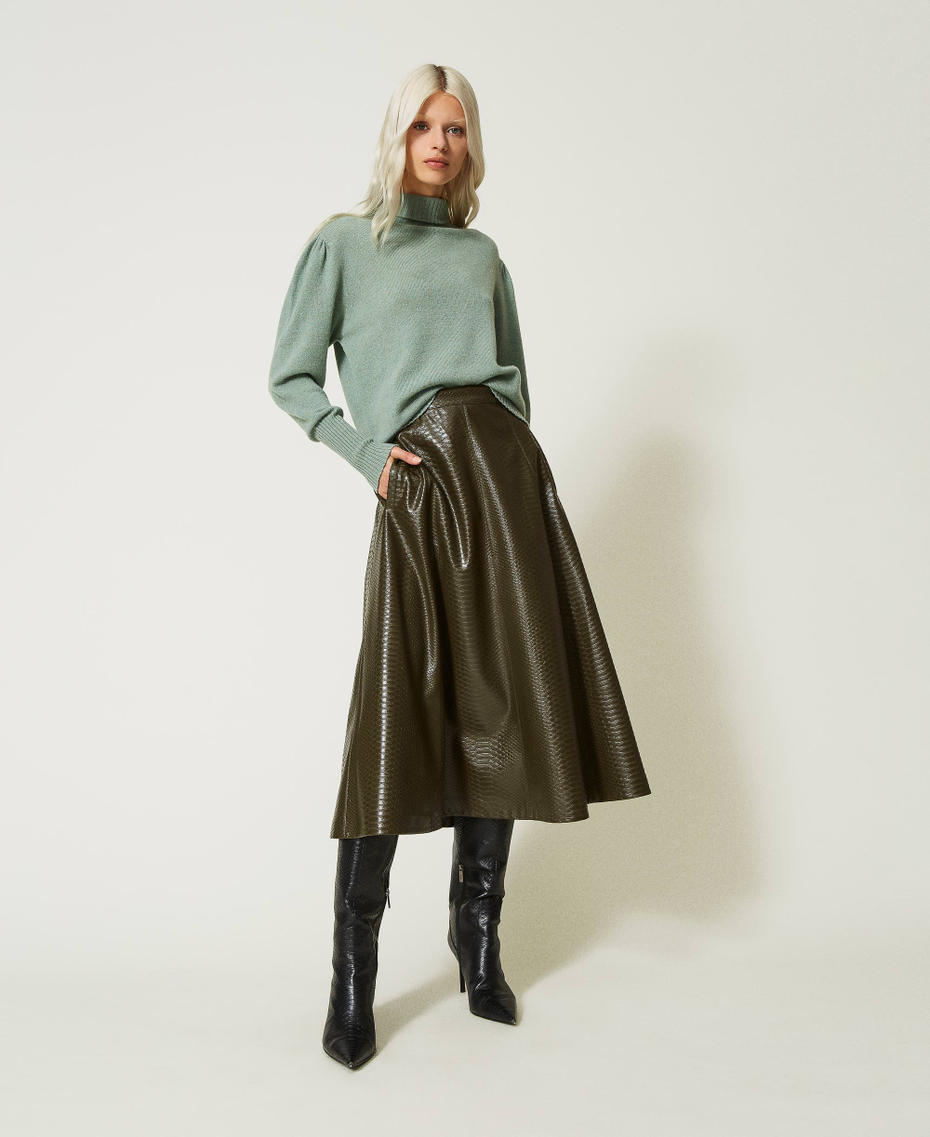 Midi skirt with textured animal print "Deep Olive” Green Woman 232TT2235-01