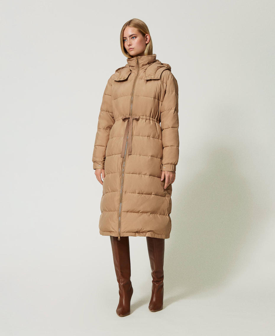 Long puffer jacket with hood and drawstring Pecan Brown Woman 232TT2243-01