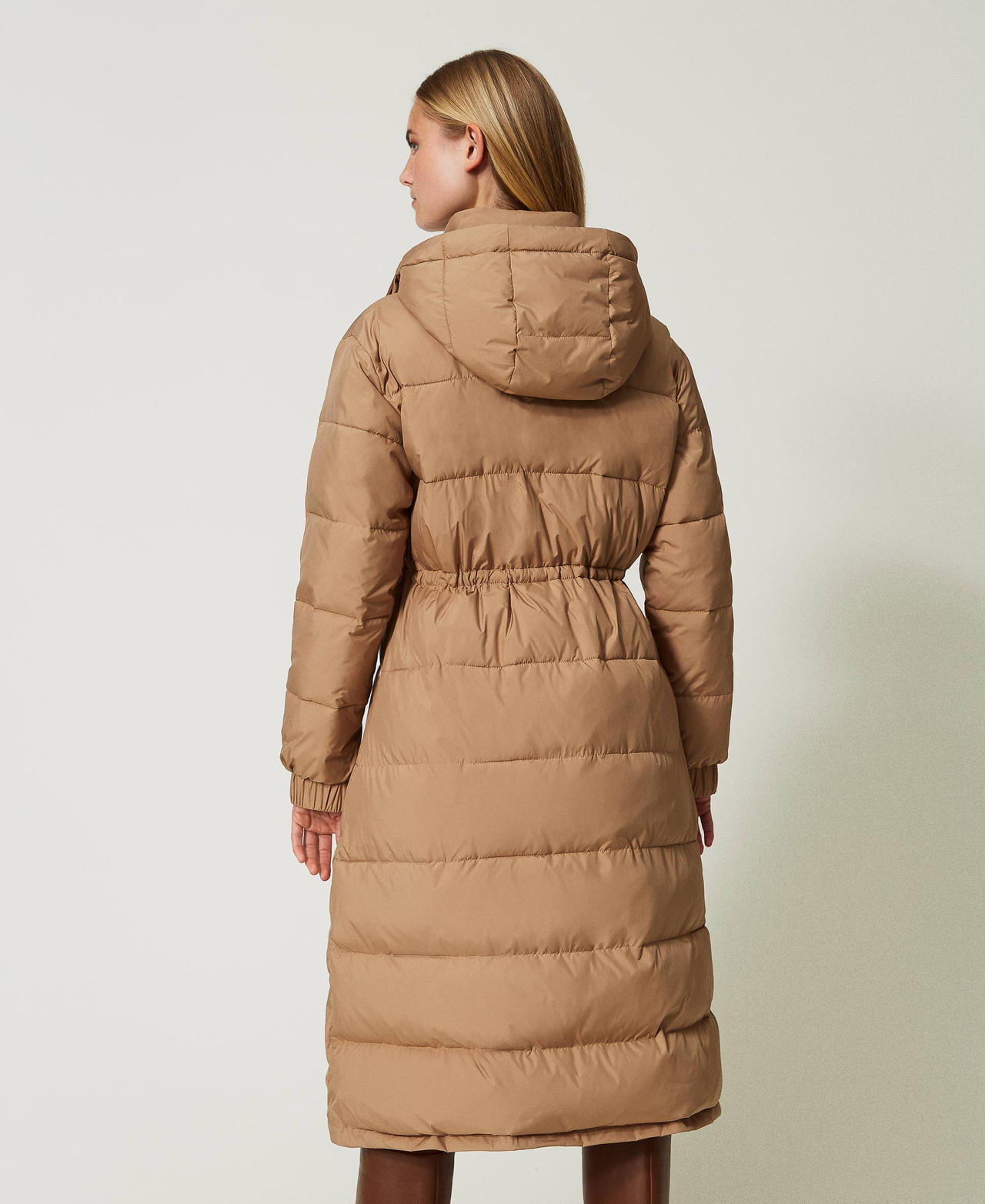 Long puffer jacket with hood and drawstring Woman Brown TWINSET Milano