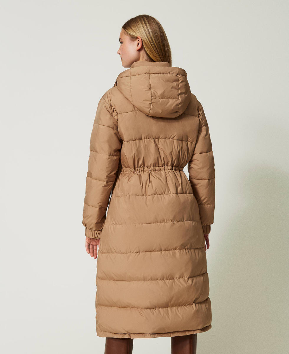 Doudoune longue avec capuche et cordon de serrage Femme Marron
