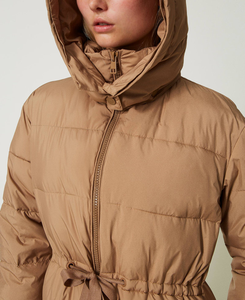 Long puffer jacket with hood and drawstring Pecan Brown Woman 232TT2243-04