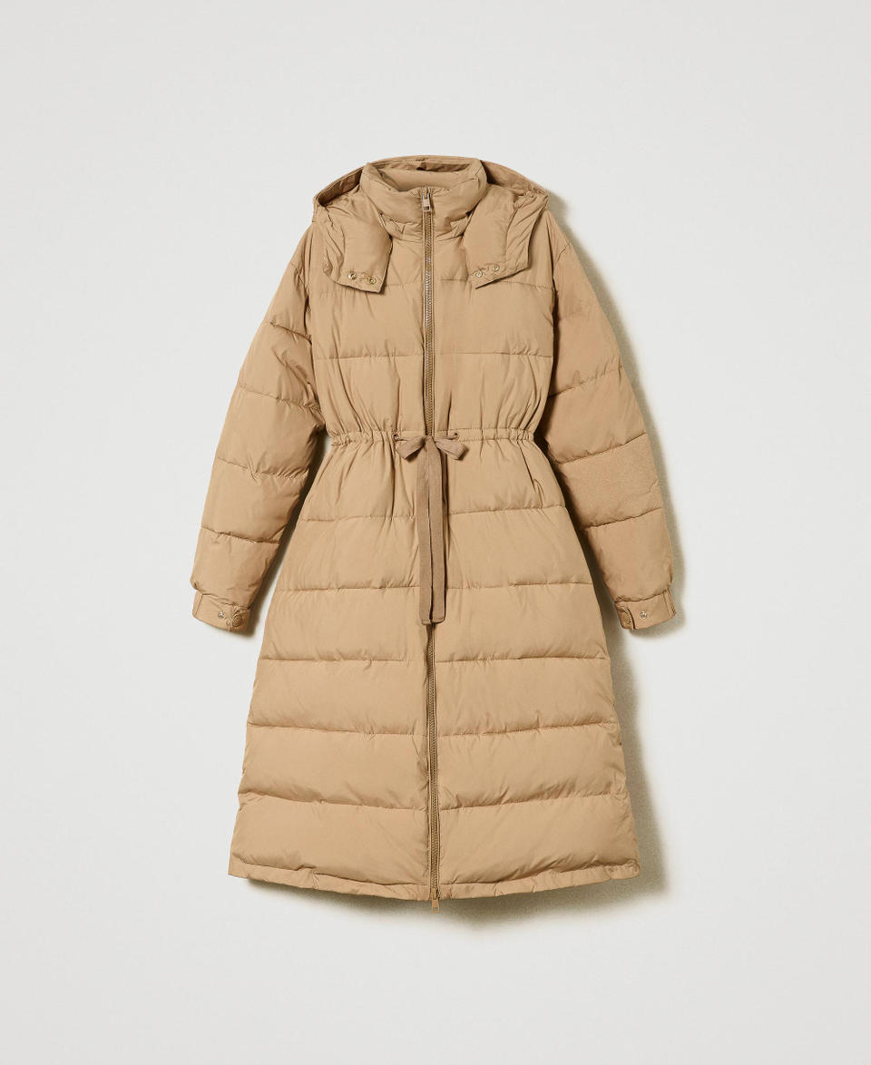Long puffer jacket with hood and drawstring Pecan Brown Woman 232TT2243_11063_0S