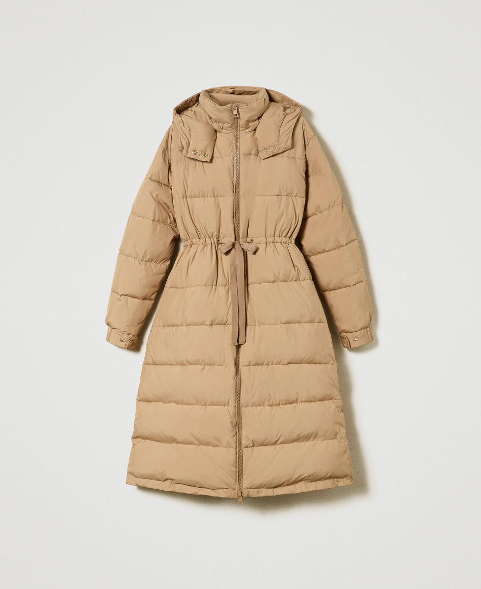 Long puffer jacket with hood and drawstring
