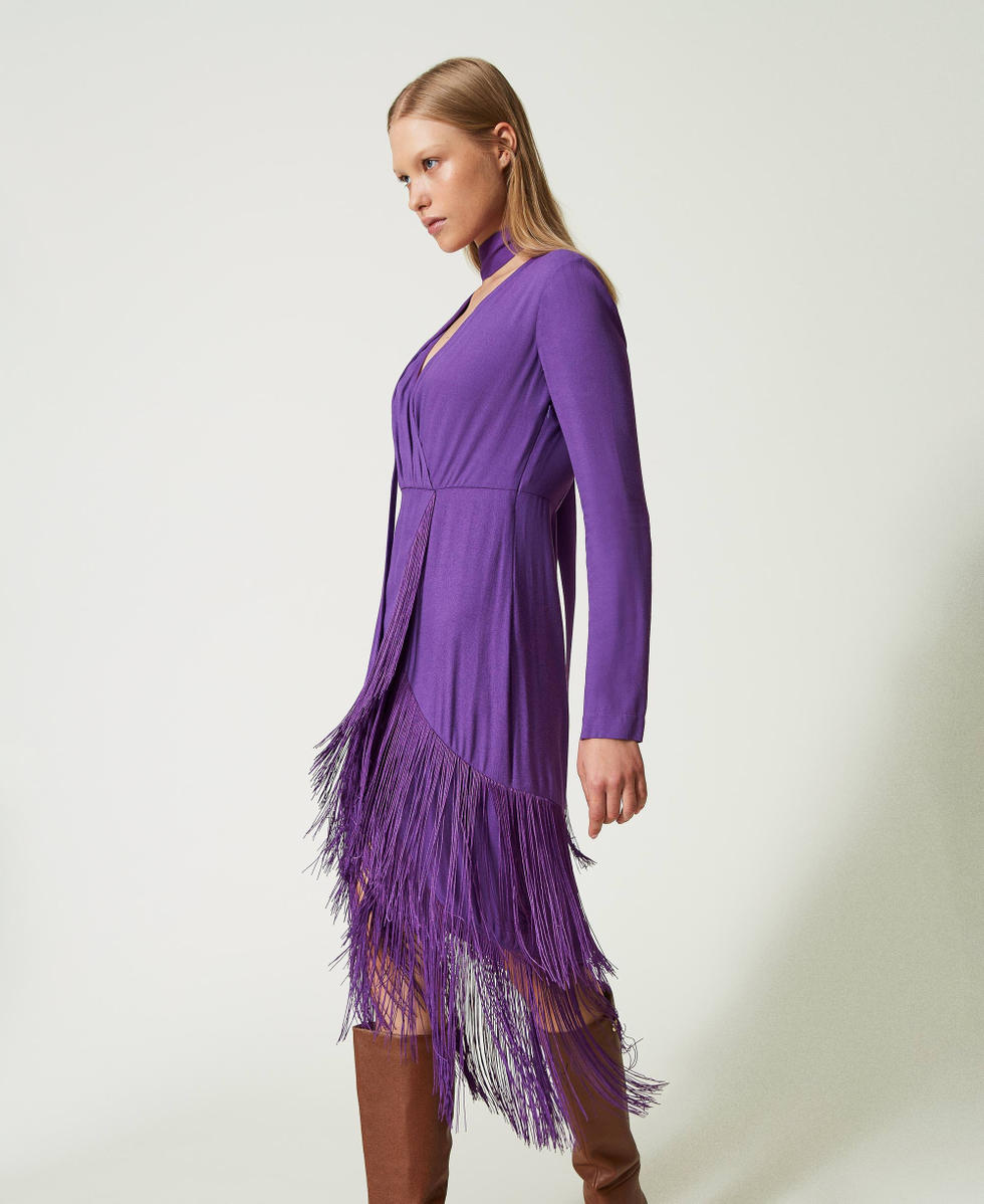 Long cr&ecirc;pe dress with fringes Dark Lavender Woman 232TT2250_11149_02