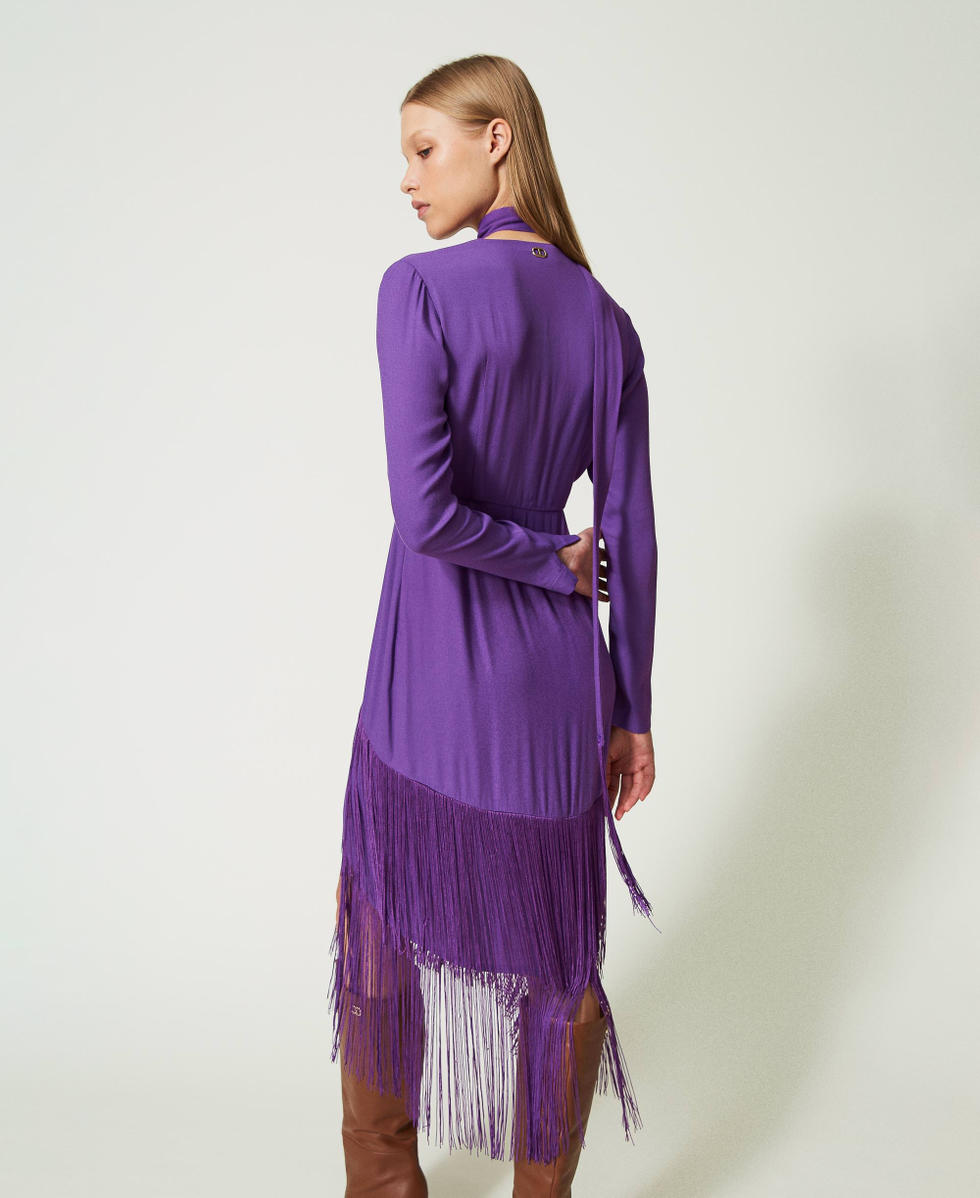 Long cr&ecirc;pe dress with fringes Dark Lavender Woman 232TT2250_11149_03