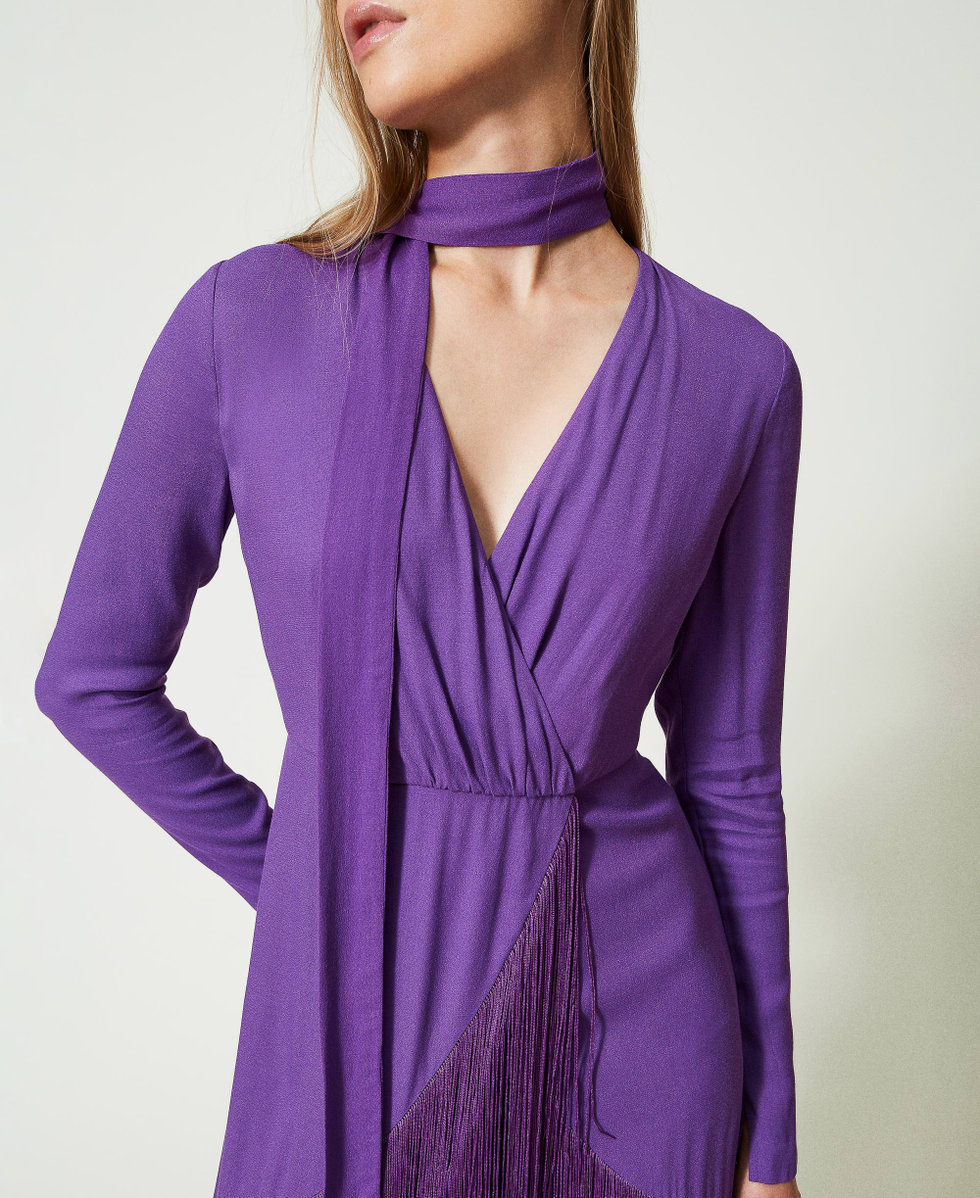 Long cr&ecirc;pe dress with fringes Dark Lavender Woman 232TT2250_11149_04