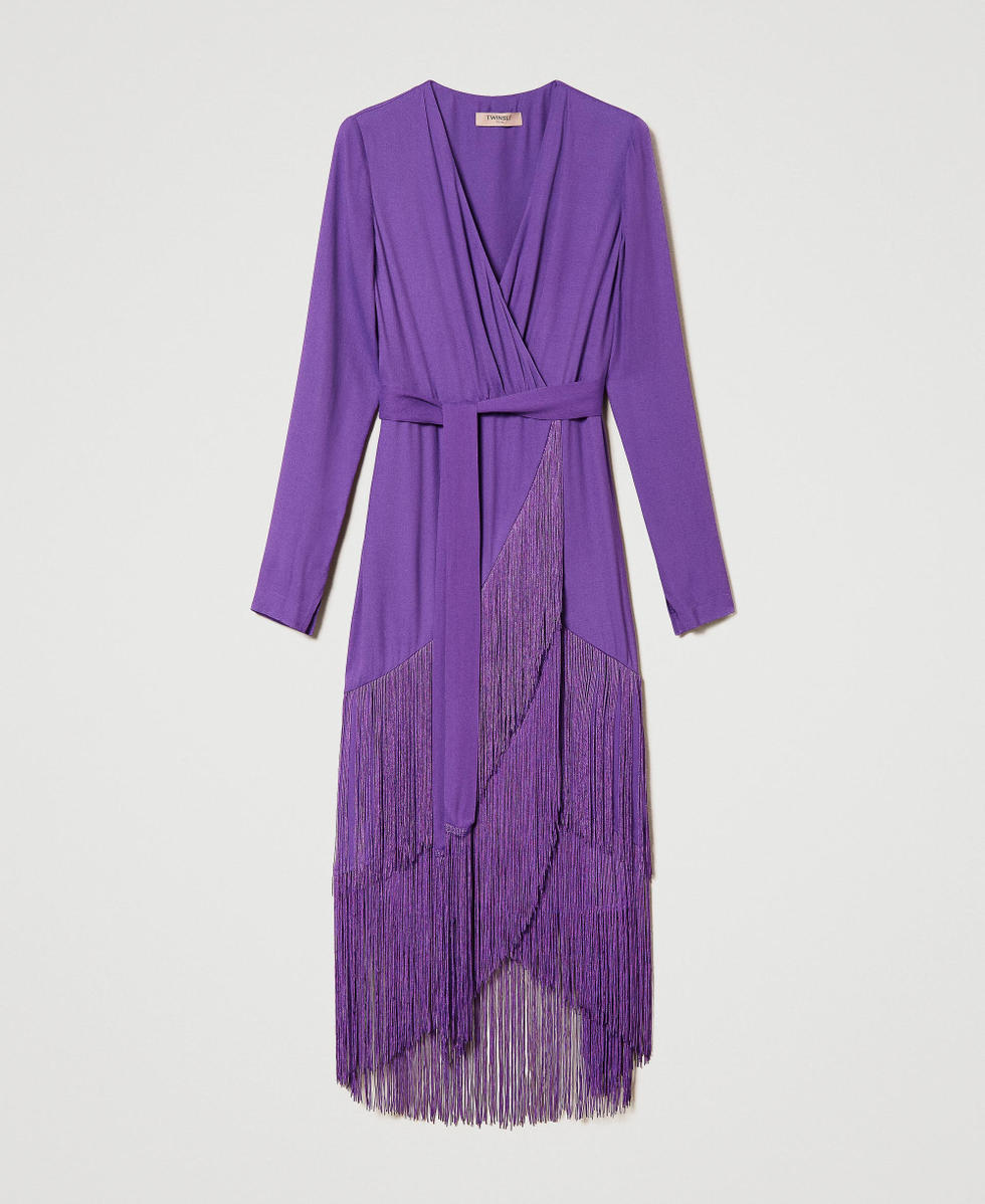 Long cr&ecirc;pe dress with fringes Dark Lavender Woman 232TT2250_11149_S0