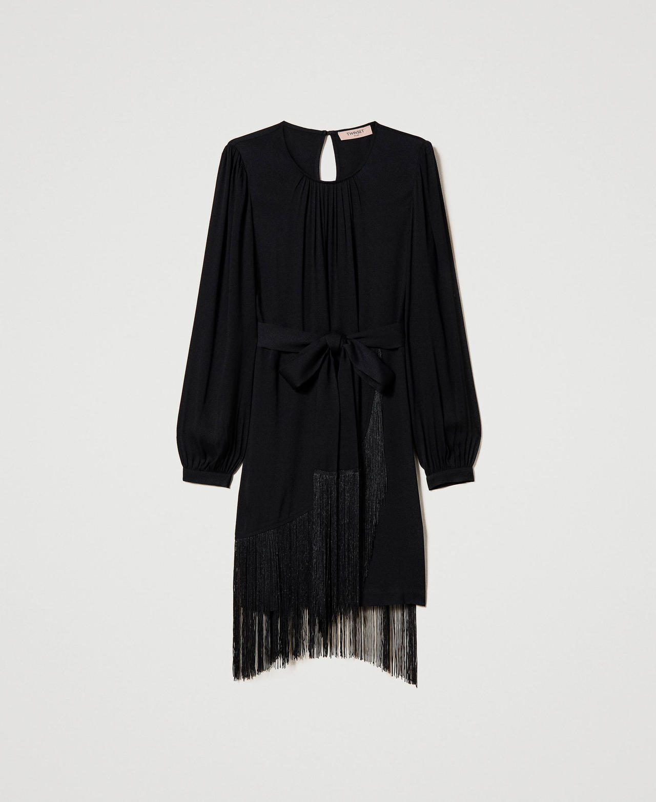 Robe courte en crêpe avec franges Noir Femme 232TT2251-0S