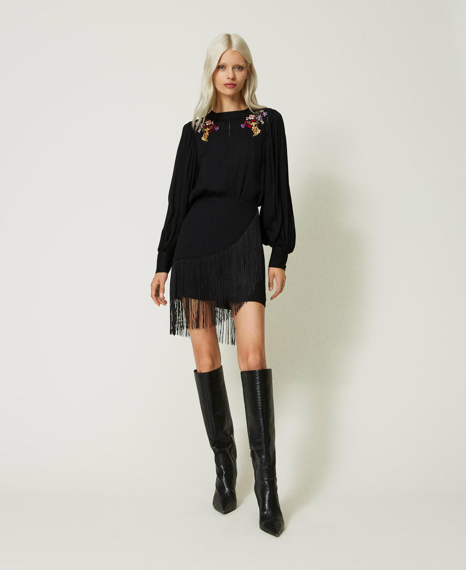 Mini-jupe en crêpe avec franges Noir Femme 232TT2252-01