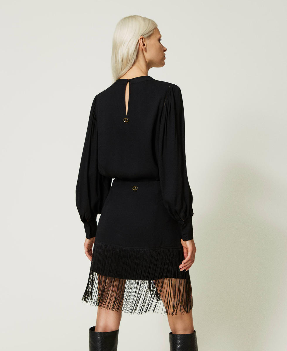 Crêpe miniskirt with fringes Woman, Black | TWINSET Milano