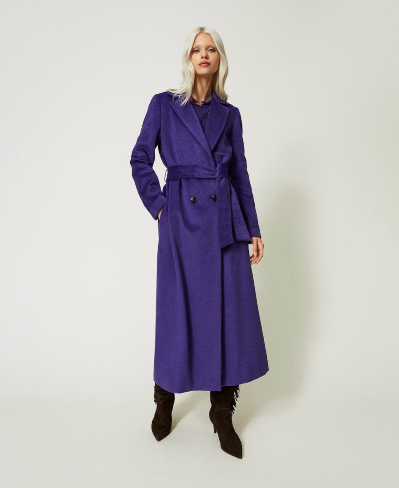 Langer Mantel aus Tuch aus Wollmischung Dunkles Lavendel Frau 232TT2260-01