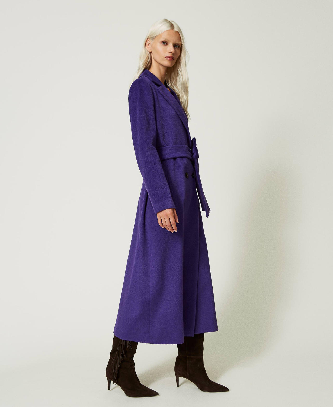 Langer Mantel aus Tuch aus Wollmischung Dunkles Lavendel Frau 232TT2260-02
