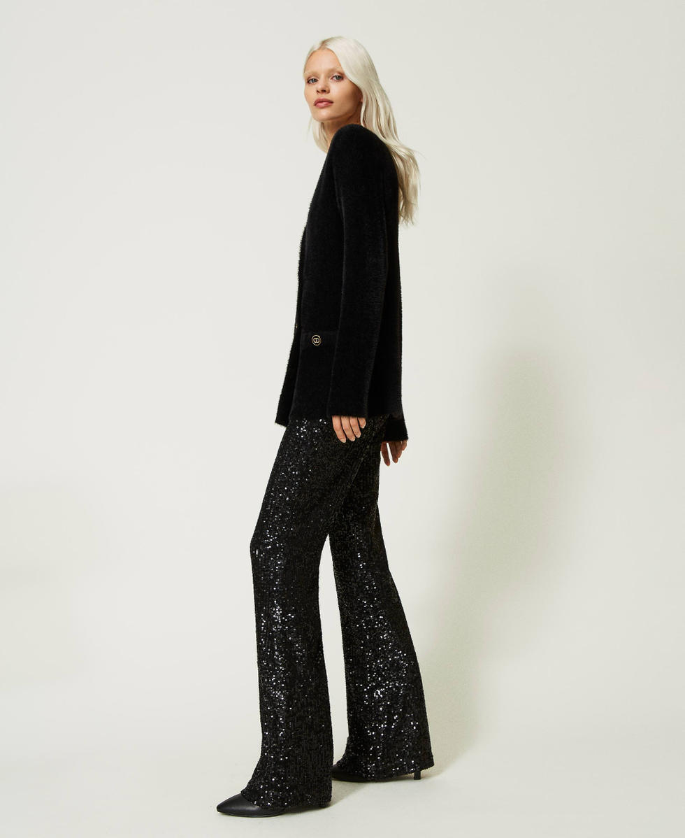 Pantalon &eacute;vas&eacute; en tulle enti&egrave;rement orn&eacute; de sequins Noir Femme 232TT2284_00006_01