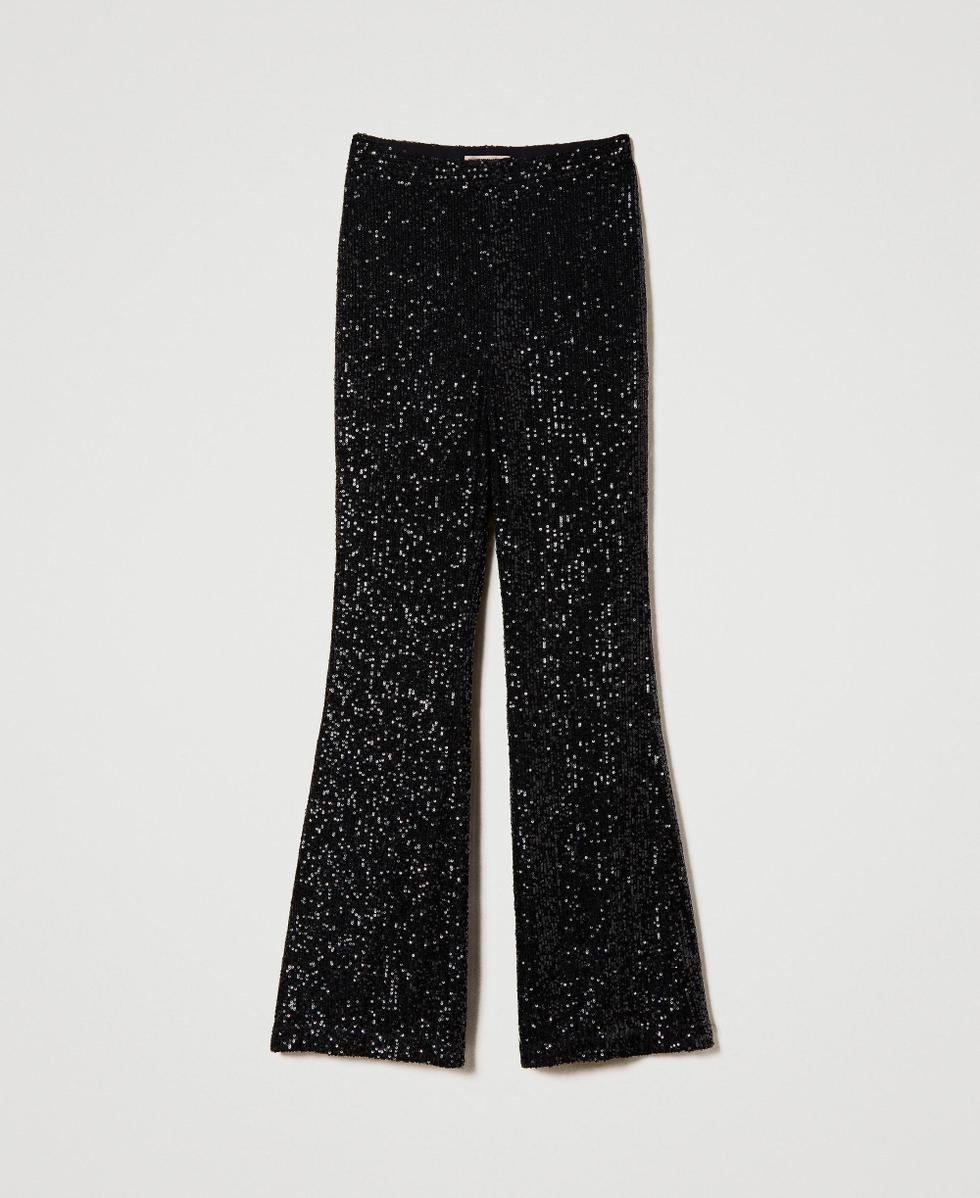 Pantalon &eacute;vas&eacute; en tulle enti&egrave;rement orn&eacute; de sequins Noir Femme 232TT2284_00006_S0