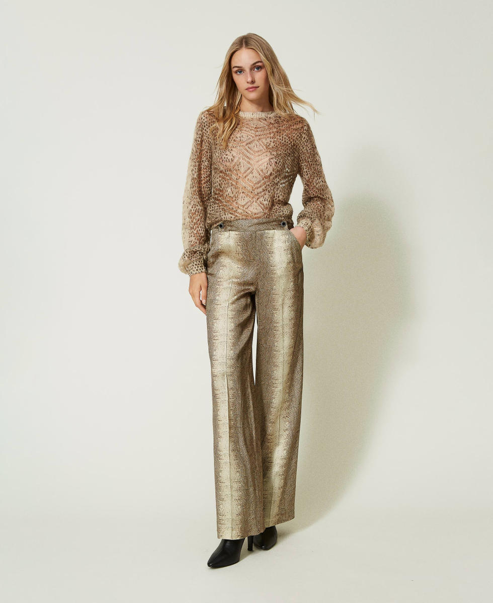 Wide leg satin trousers with lizard print Woman, Beige