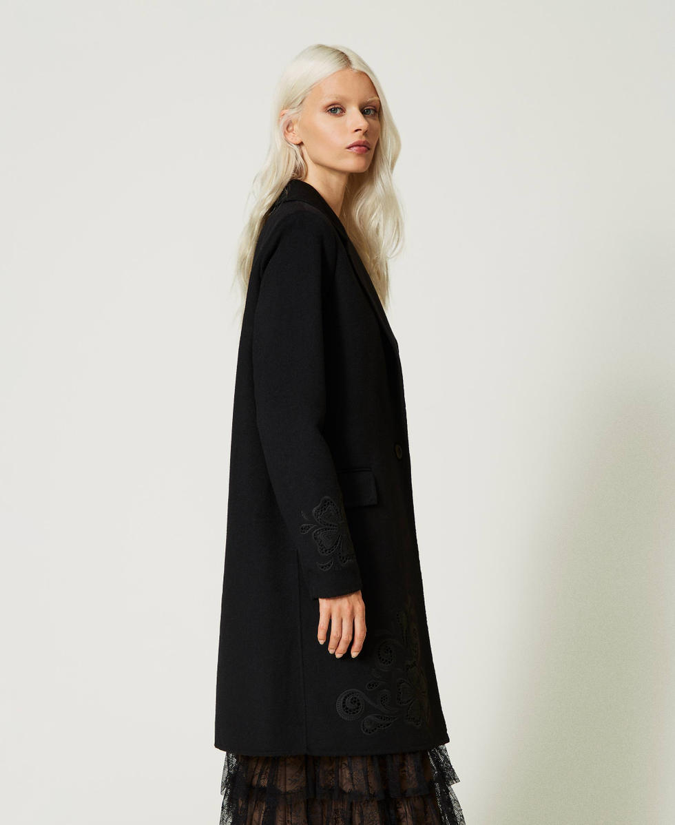 Cappotto in double di lana con ricamo Donna, Nero