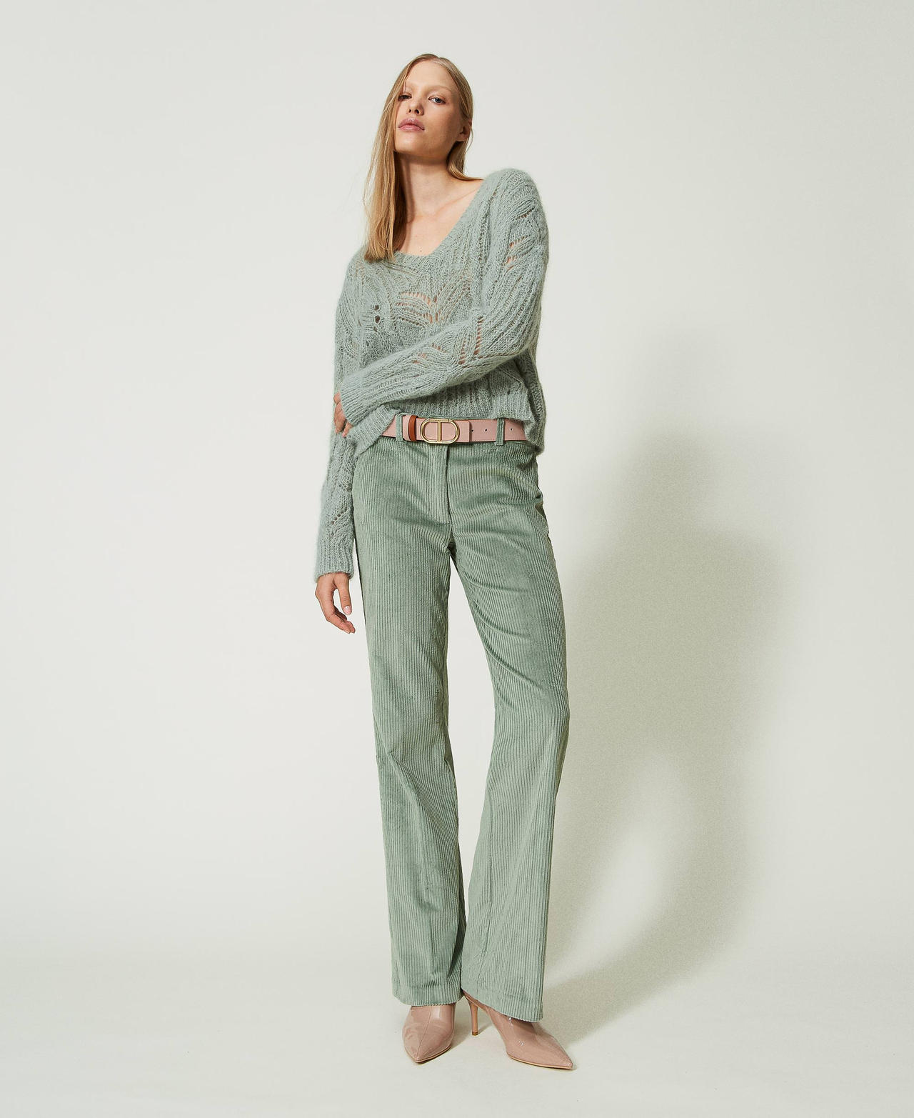 Straight corduroy trousers "Natural Sage&rdquo; Green Woman 232TT2364_11060_03