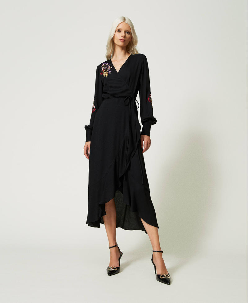 Long wrap-around dress with embroidery Black / Multicolour Embroidery Woman 232TT2390-01