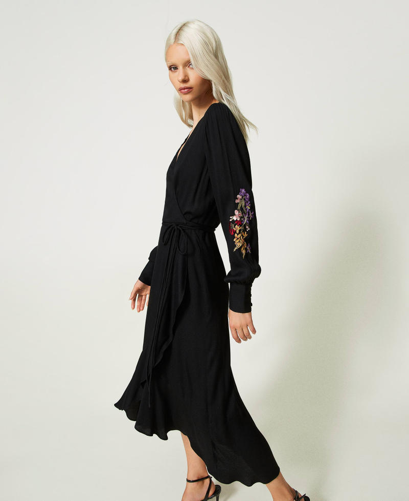 Long wrap-around dress with embroidery Black / Multicolour Embroidery Woman 232TT2390-02
