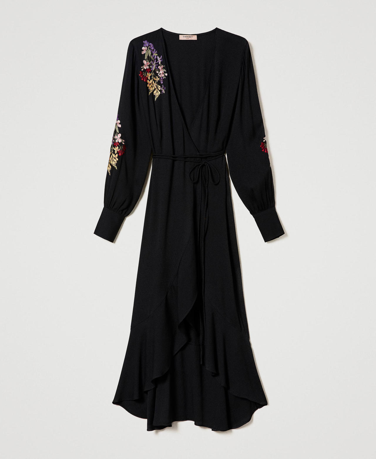 Long wrap-around dress with embroidery Black / Multicolour Embroidery Woman 232TT2390-0S