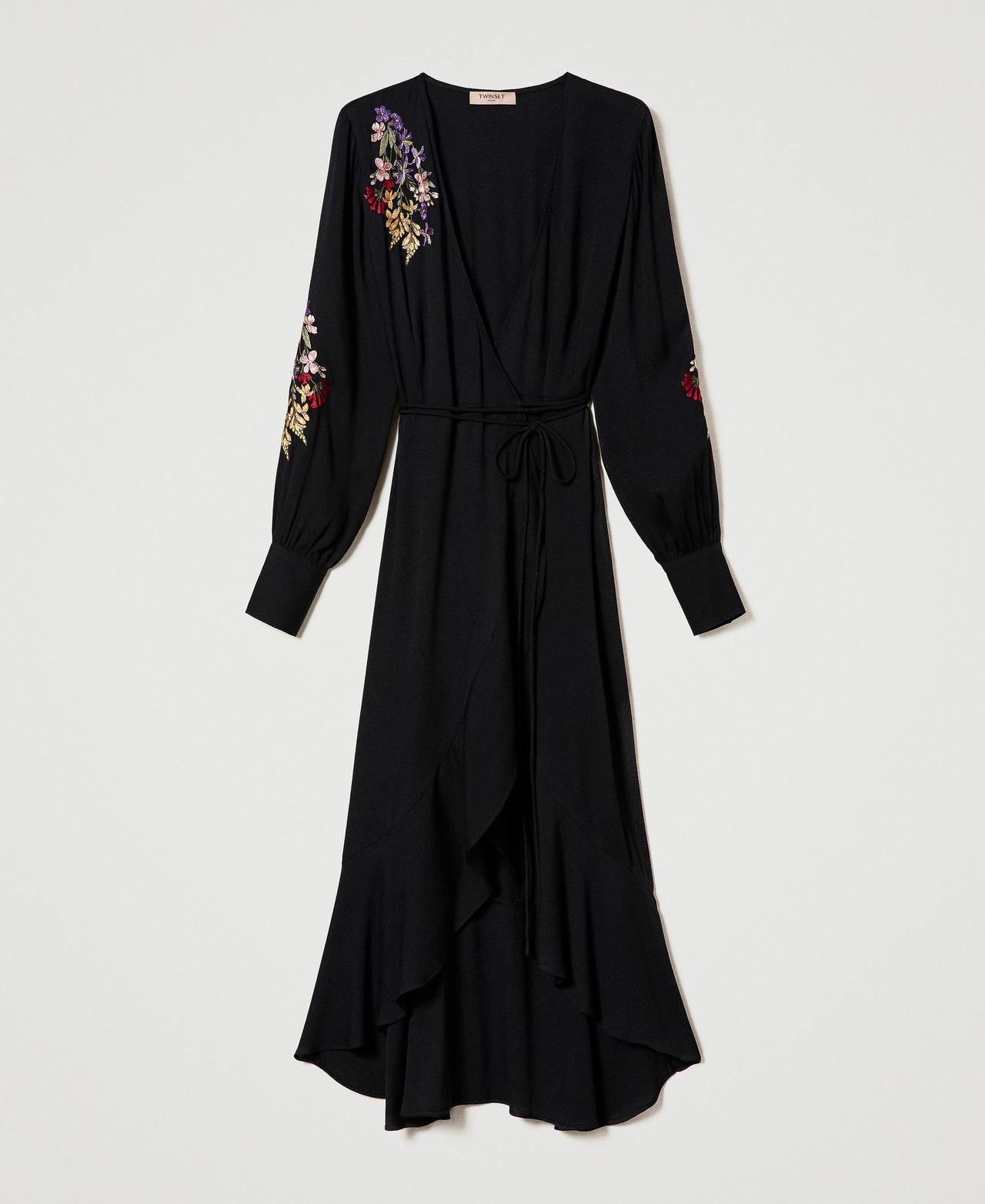Long wrap-around dress with embroidery