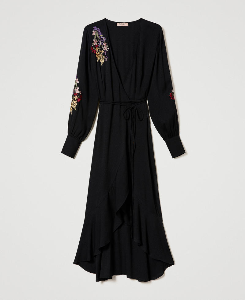 Long wrap-around dress with embroidery Black / Multicolour Embroidery Woman 232TT2390-0S