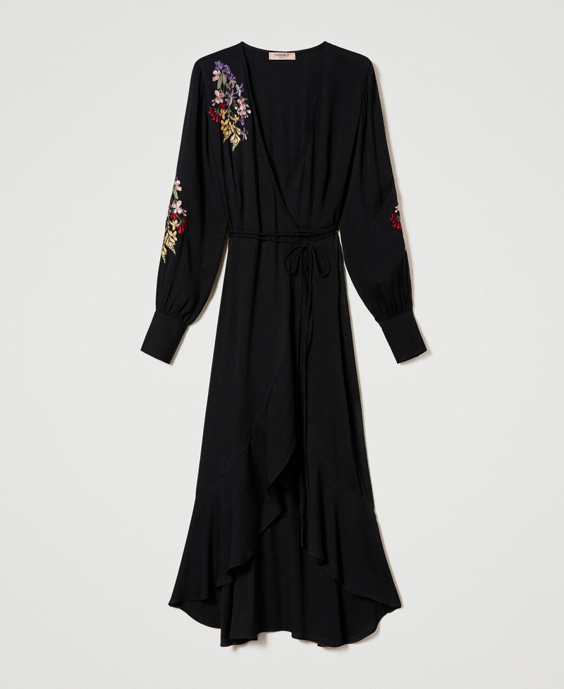 Long wrap-around dress with embroidery