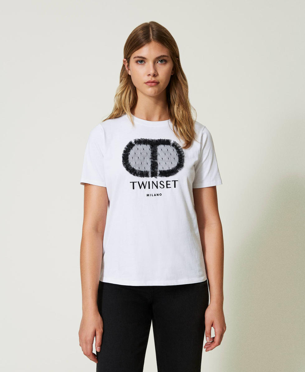 T shirt regular avec Oval T et dentelle Femme Blanc TWINSET Milano