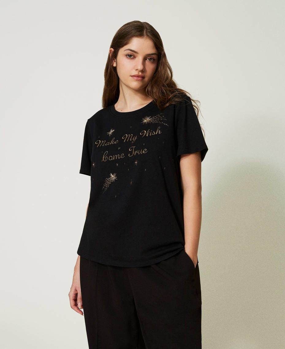 T-shirt regular avec broderie réalisée à la main Noir Femme 232TT2410-01