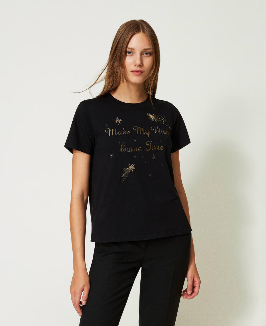 T-shirt regular avec broderie réalisée à la main Noir Femme 232TT2410-05