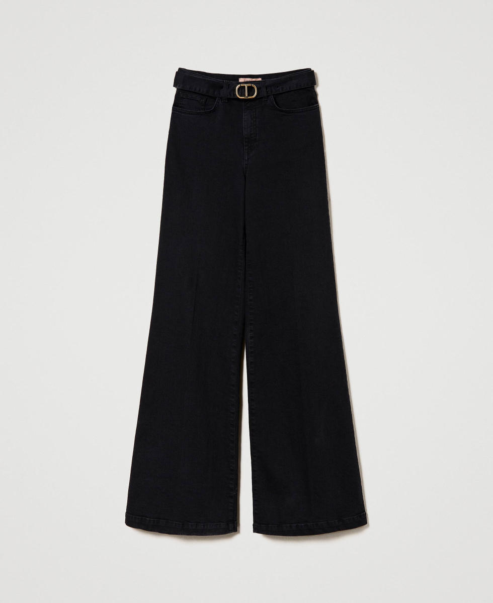 Wide leg black jeans with belt Black Denim Woman 232TT2430_01103_S0