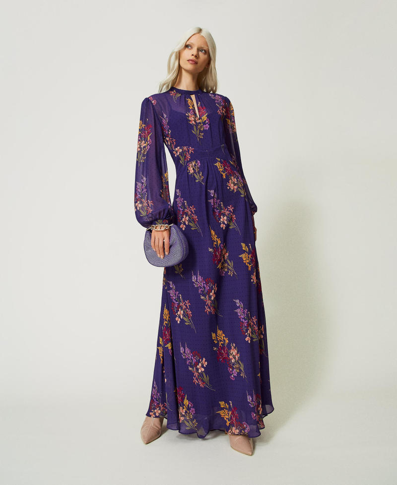 Floral georgette and polka dot long dress Jolie Fleurs Print / Dark Lavender Woman 232TT2460-01